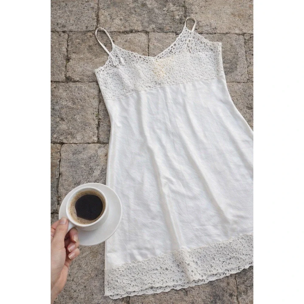 April Cornell White Lace Slip Dress Boho‎ Cottagecore Midi Adjustable Straps S